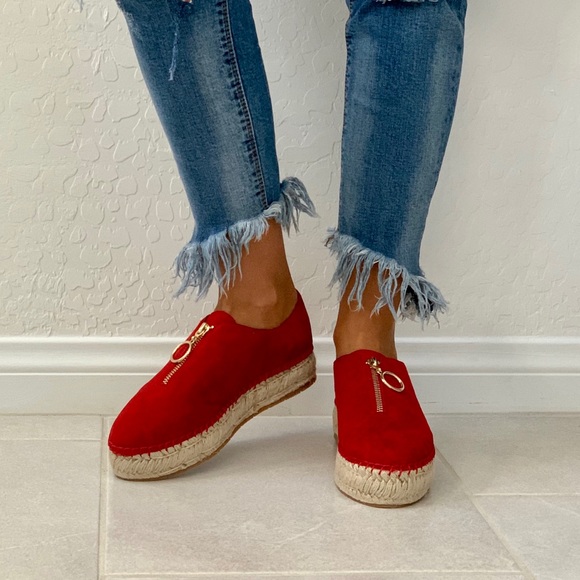 Red Suede Jute Wrap Platform Espadrille Sneaker - Picture 5 of 8